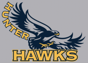 A blue hawk on a grey background with Hunter Hawks written underneath in yellow